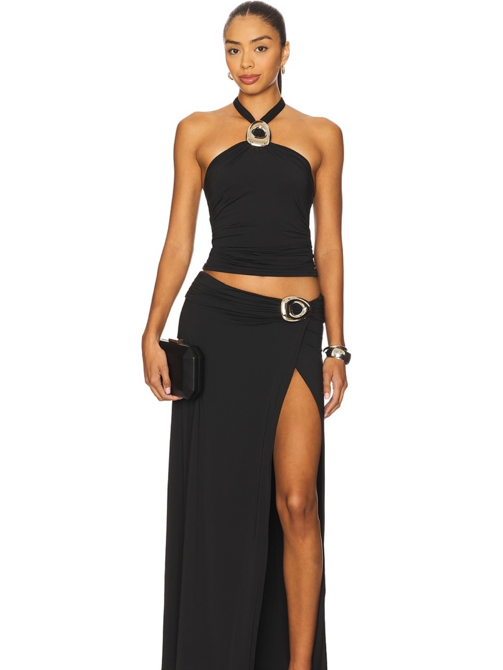 One-Shoulder Black Evening Maxi Dress set with Metal Accent